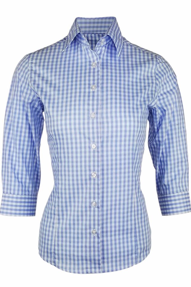 Women's Be Bold Shirt - Blue White Check Three Quarter Sleeve - Uniform ...