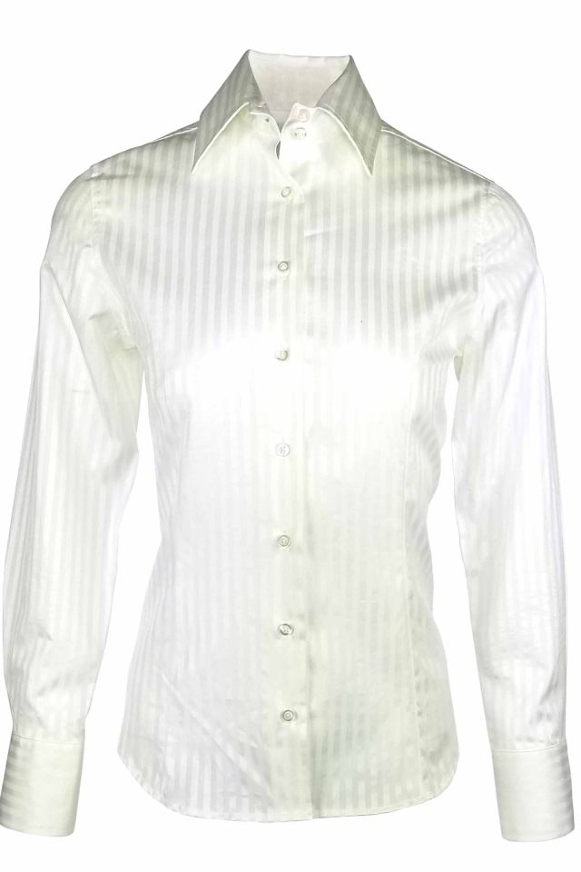 Women's Elegant Shirt - White Sateen Self Stripe Long Sleeve