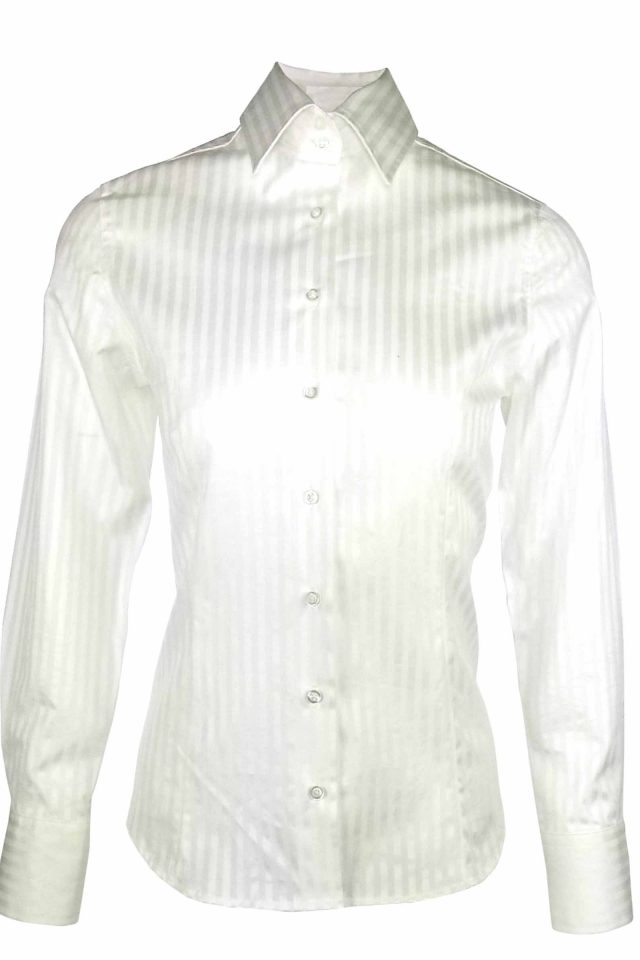 Women's Elegant Shirt - White Sateen Self Stripe Long Sleeve - Image 2