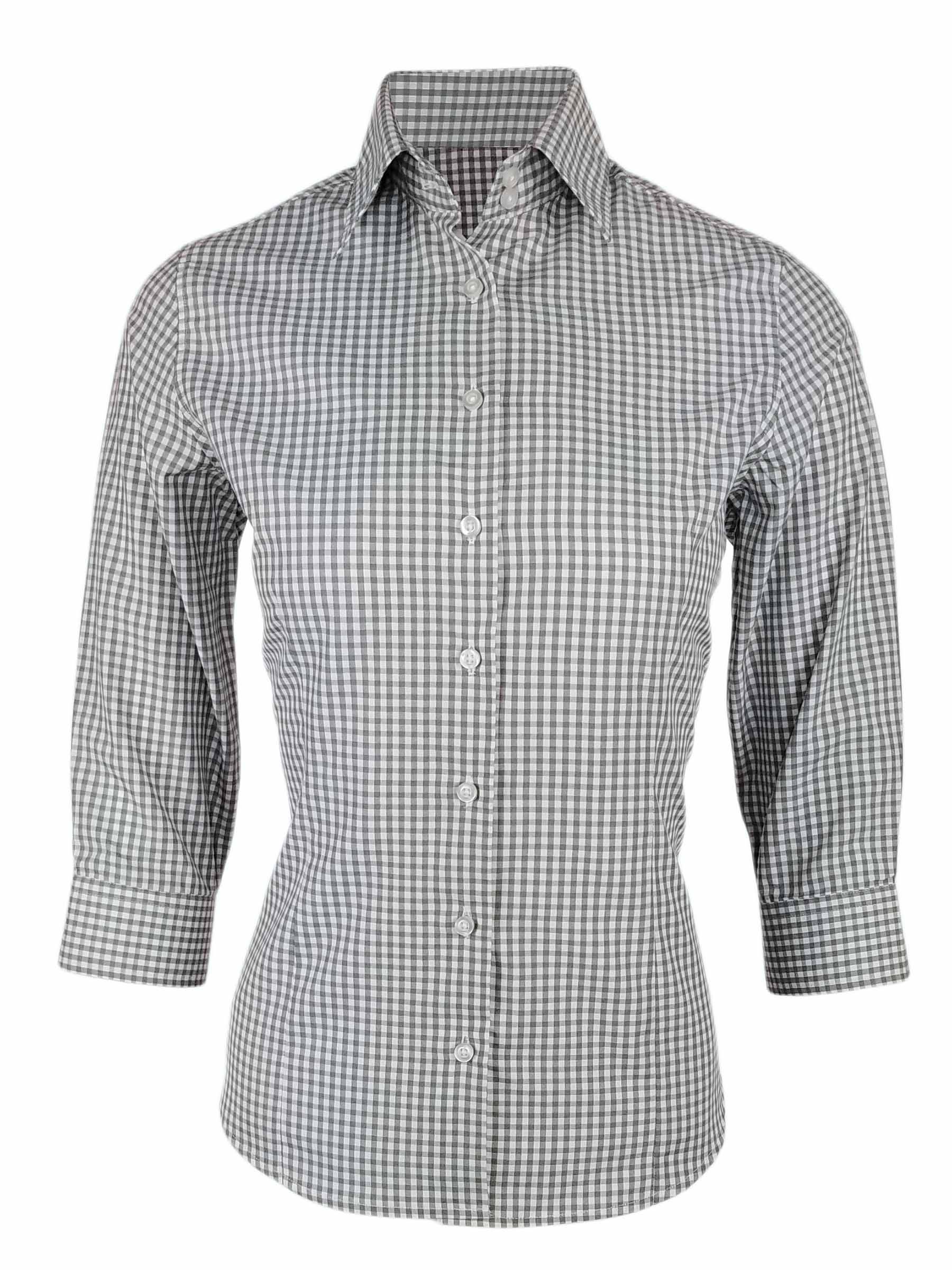 Women's Jones Shirt - Grey Check Three Quarter Sleeve - Uniform Edit