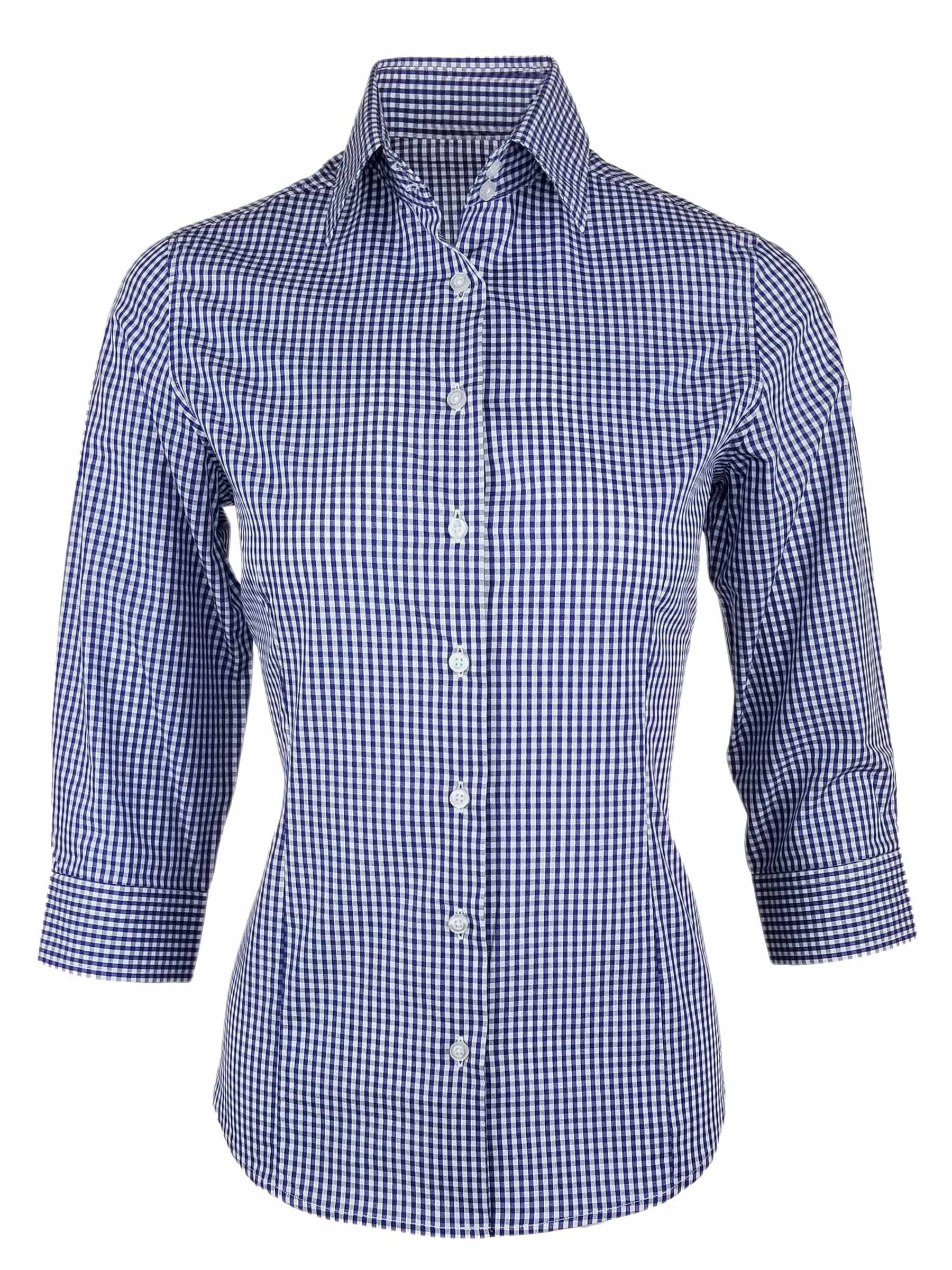 Women's Cotton Gingham Shirt - Cobalt Blue Check Three Quarter Sleeve ...
