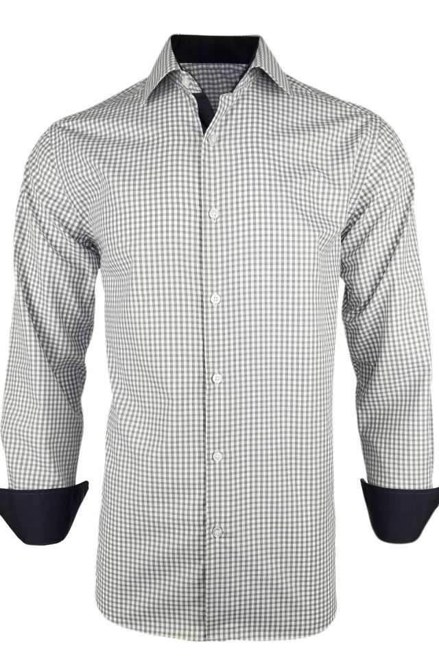Men's Grey Check with Charcoal Contrast Shirt - Long Sleeve - Image 2