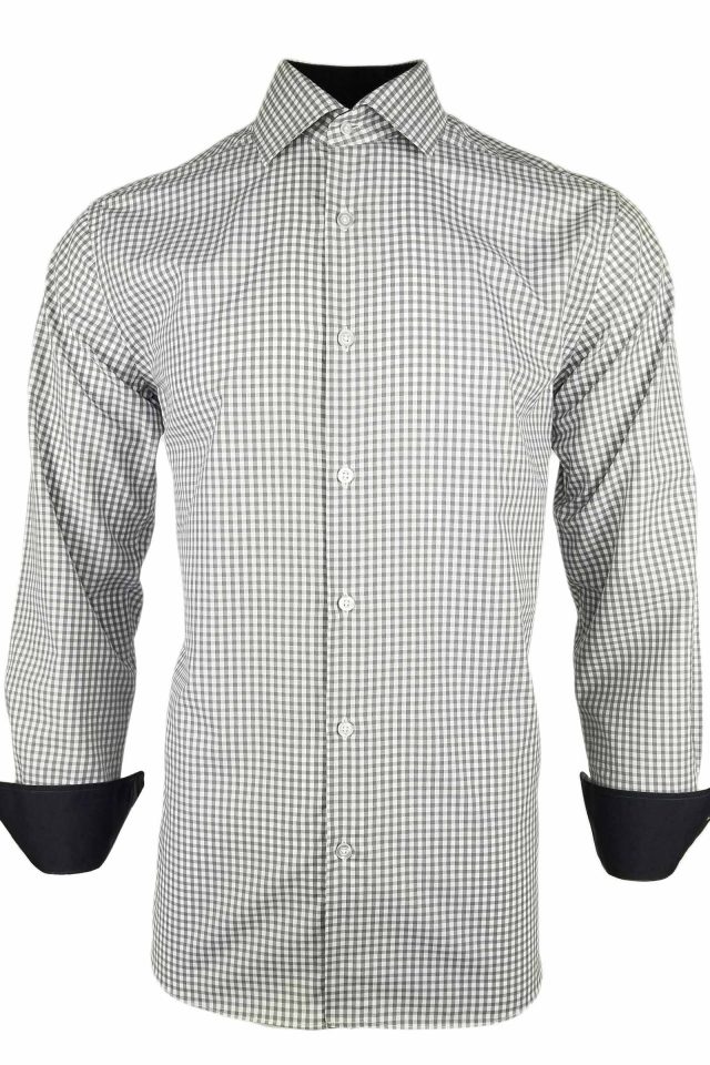 Men's Grey Check with Charcoal Contrast Shirt - Long Sleeve - Image 3