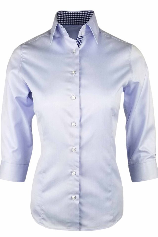 Women's Blue with Navy Check Contrast Shirt - Three Quarter Sleeve