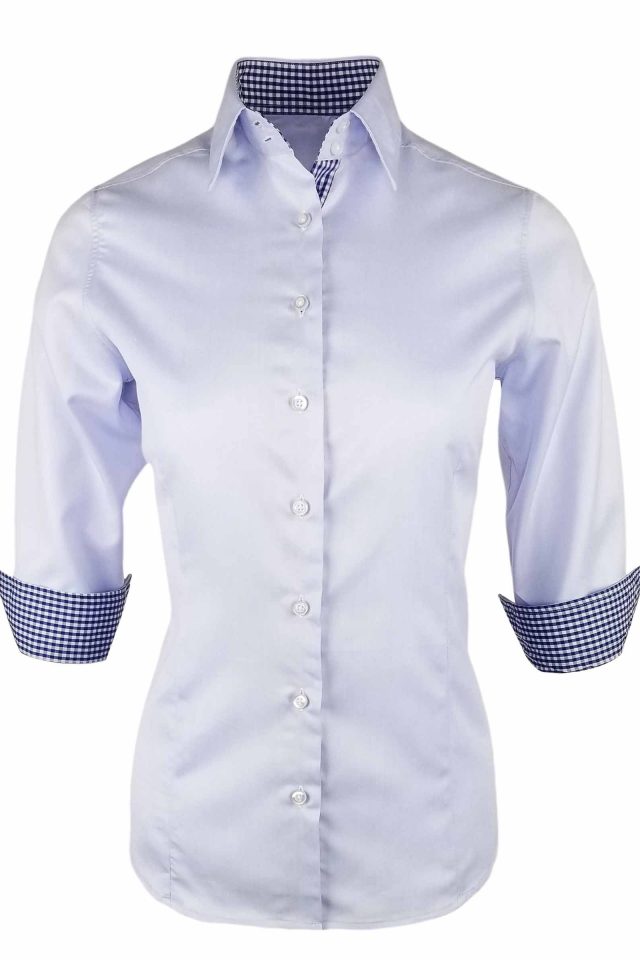 Women's Blue with Navy Check Contrast Shirt - Three Quarter Sleeve - Image 3