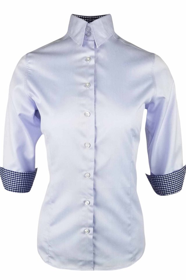 Women's Blue with Navy Check Contrast Shirt - Three Quarter Sleeve - Image 2