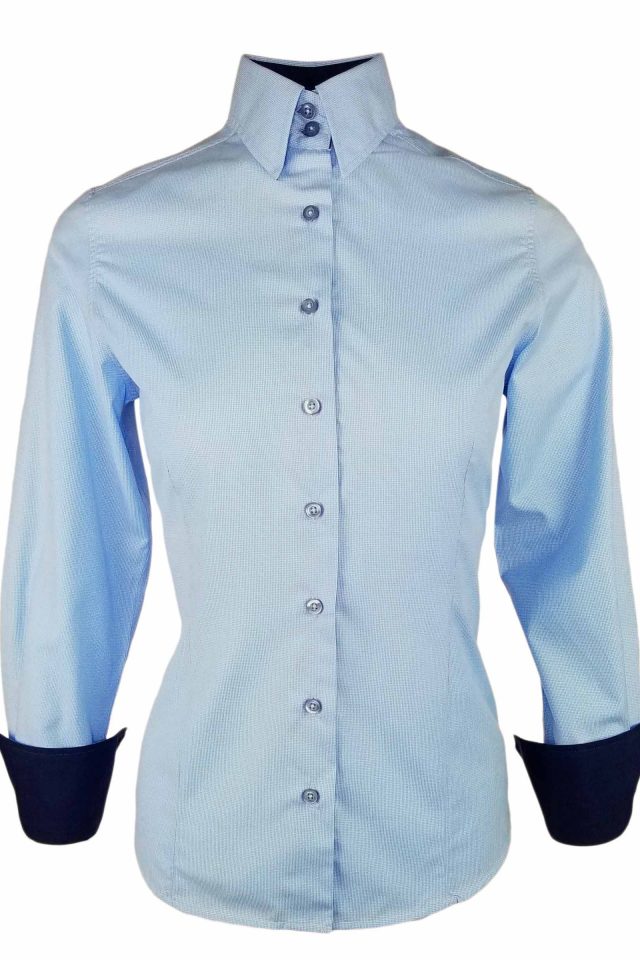 Women's Blue Micro Check Contrast - Long Sleeve - Uniform Edit