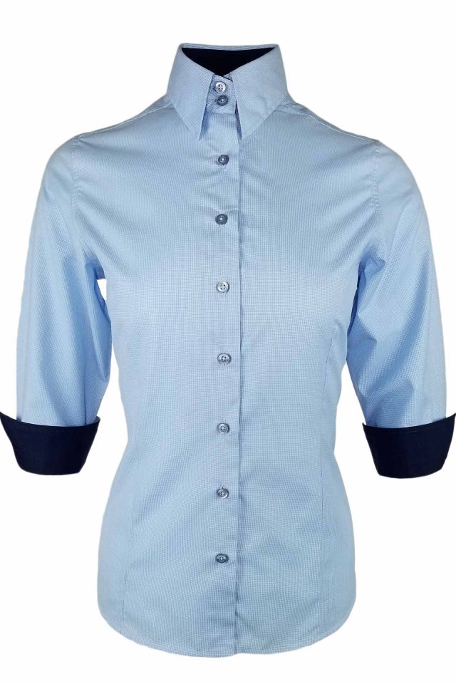 Women's Blue Micro Check Contrast - Three Quarter Sleeve - Uniform Edit