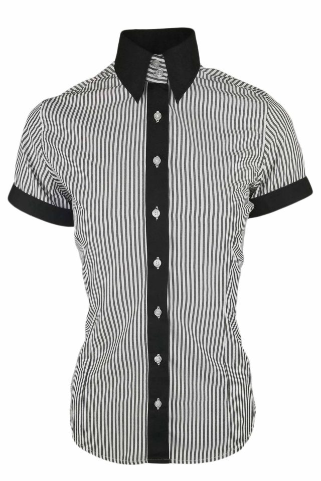 Women's Black Dynamic Stripe Black Contrast Shirt - Short Sleeve - Image 3