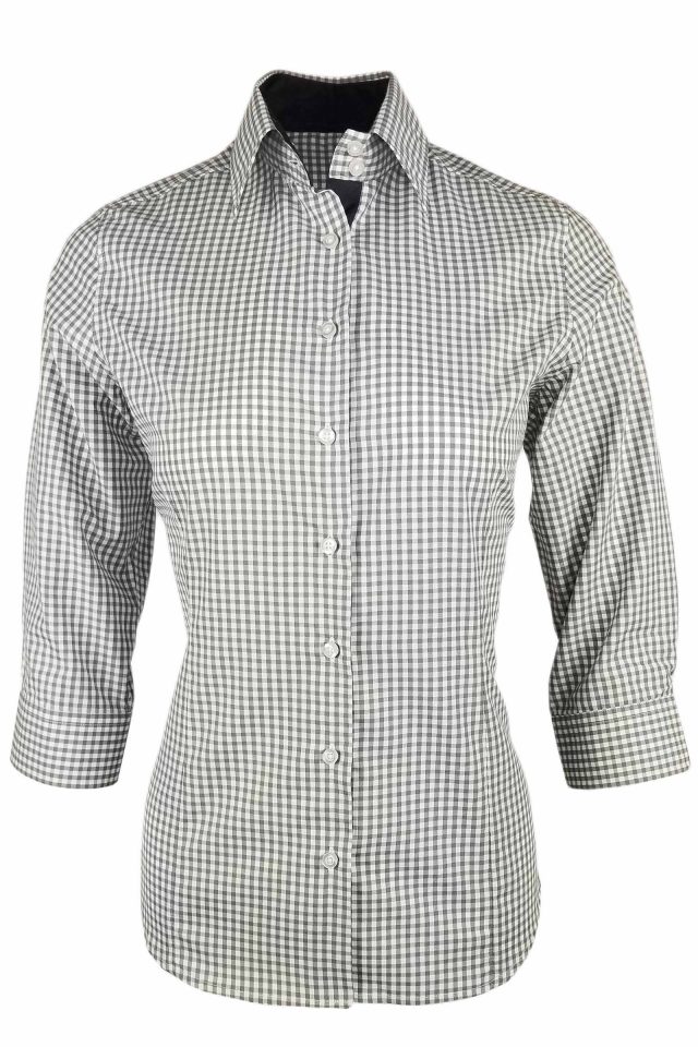 Women's Grey Check with Charcoal Contrast Shirt - Three Quarter Sleeve