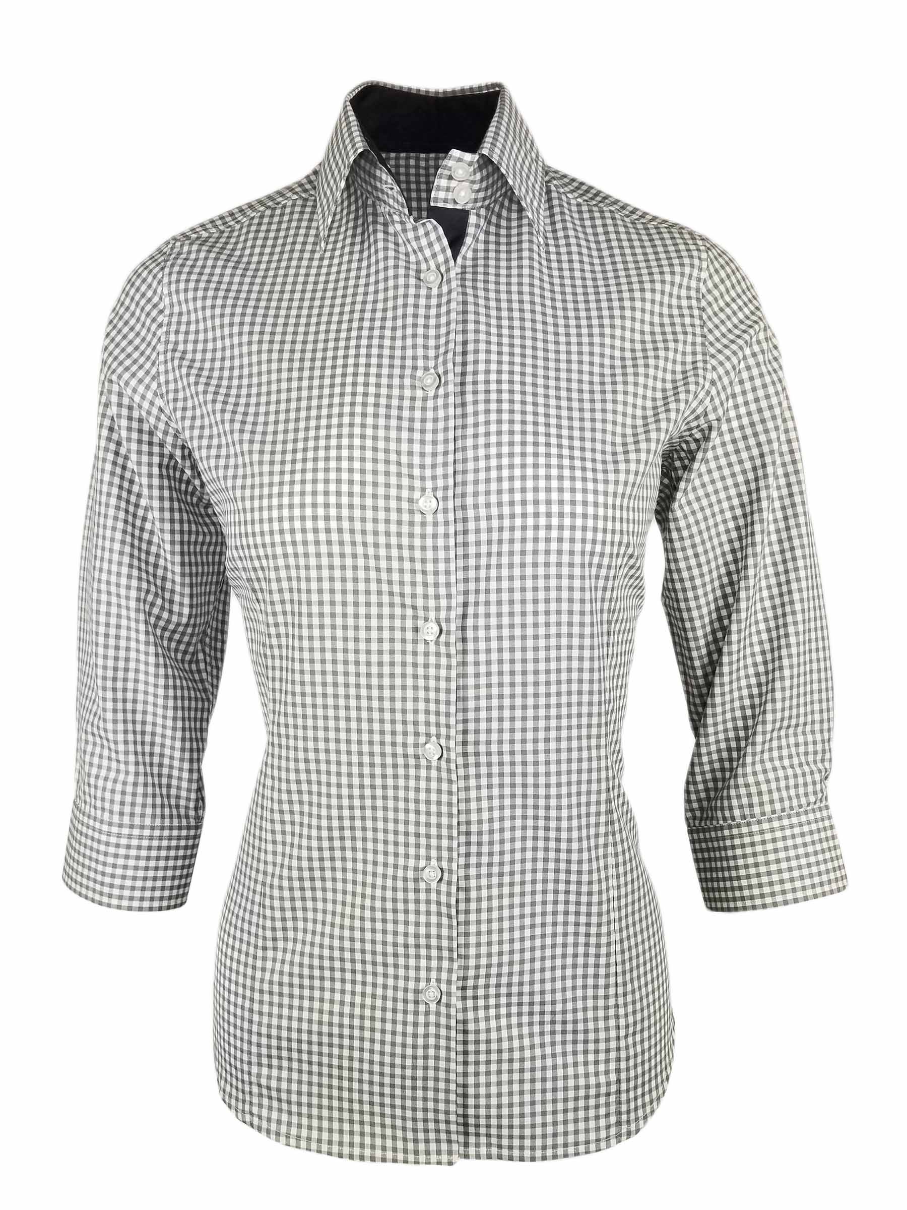 Women's Grey Check with Charcoal Contrast Shirt - Three Quarter Sleeve ...