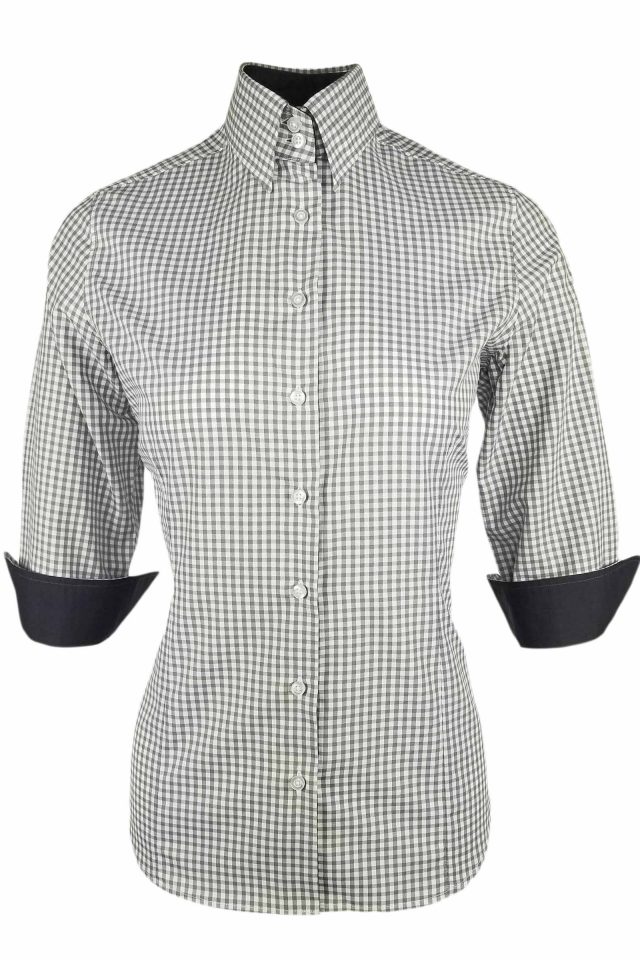 Women's Grey Check with Charcoal Contrast Shirt - Three Quarter Sleeve - Image 3