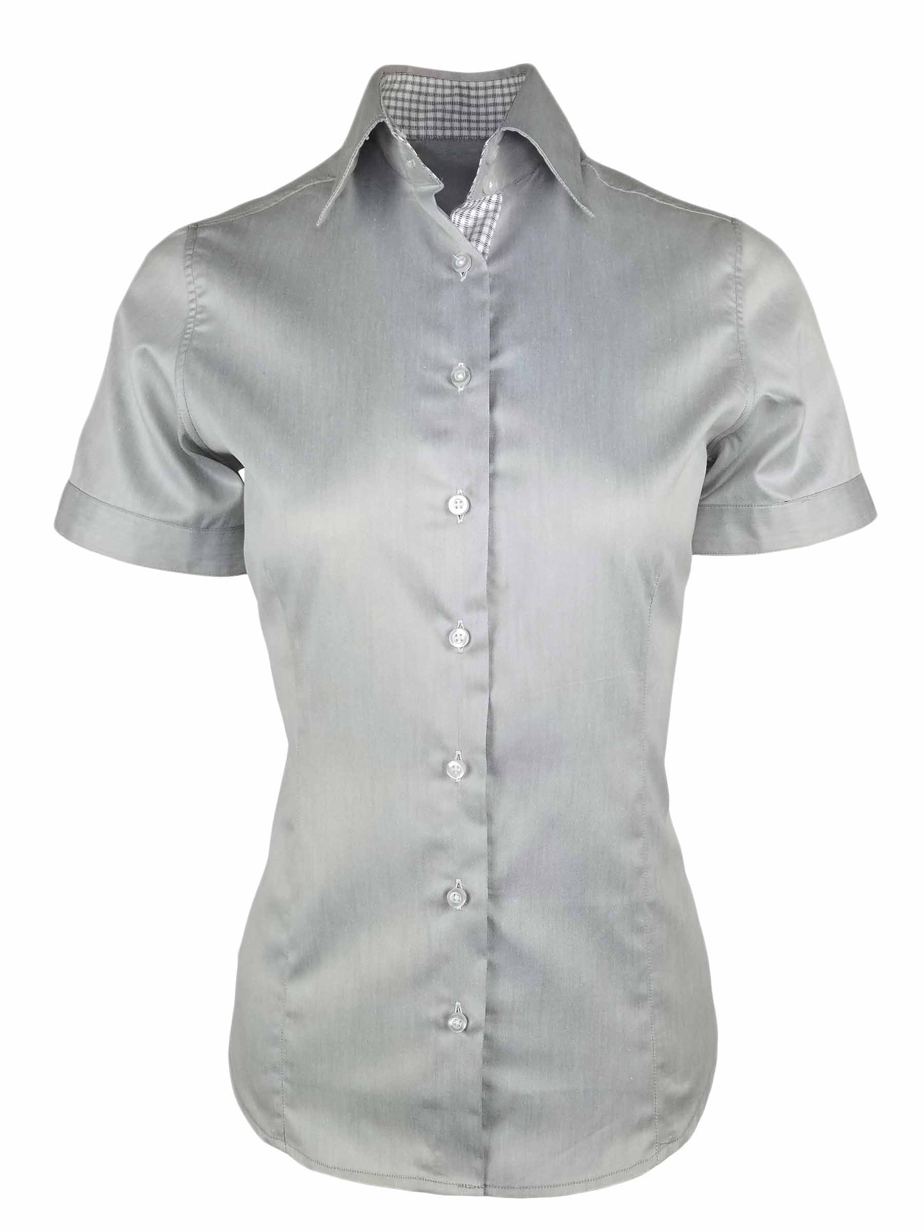 Women's Grey with Check Contrast Shirt - Short Sleeve - Uniform Edit