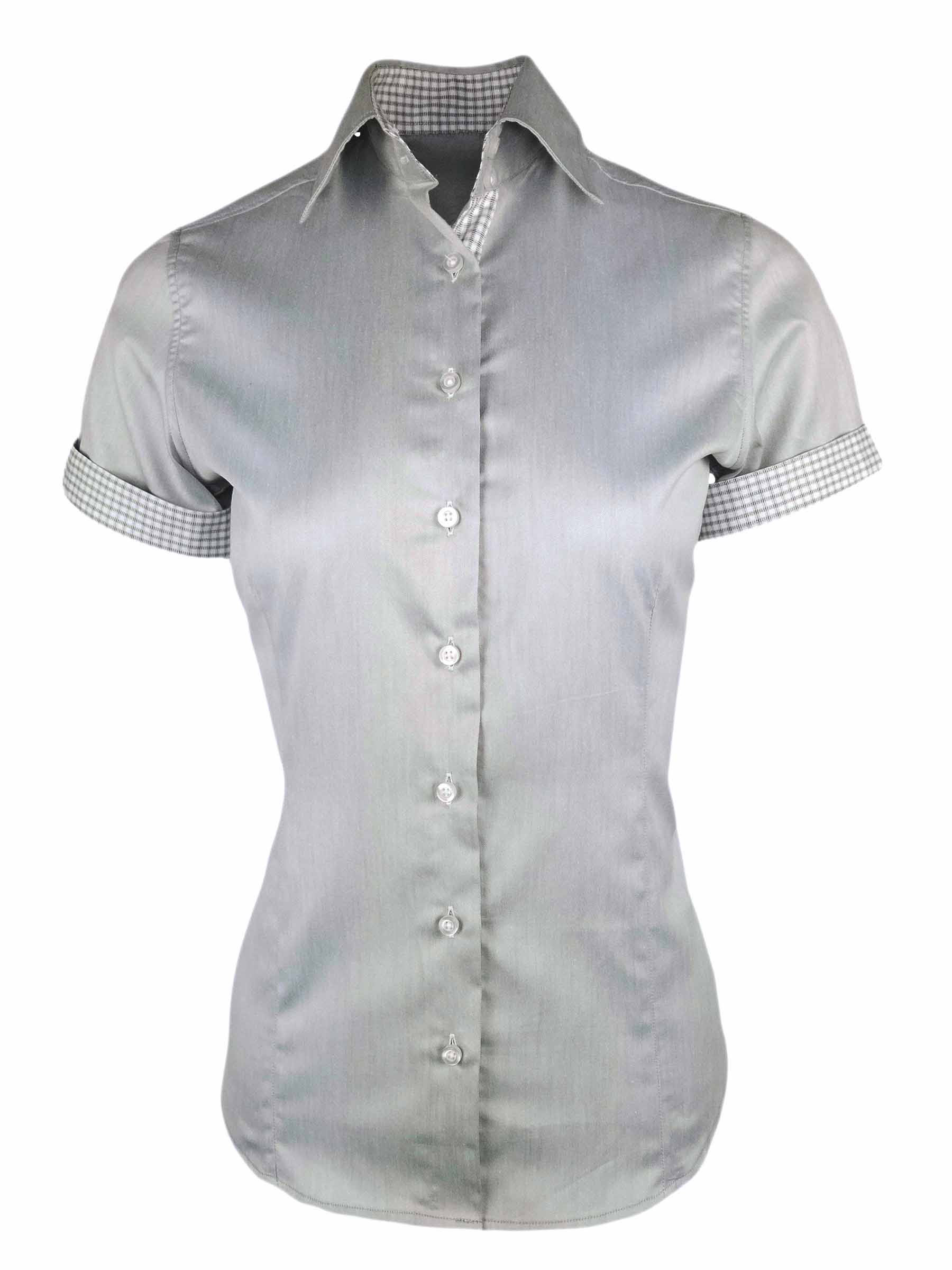 Women's Grey with Check Contrast Shirt - Short Sleeve - Uniform Edit