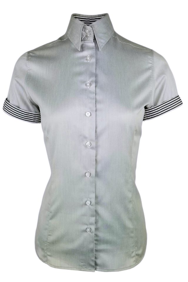 Women's Grey with Black Stripe Contrast Shirt - Short Sleeve - Image 3