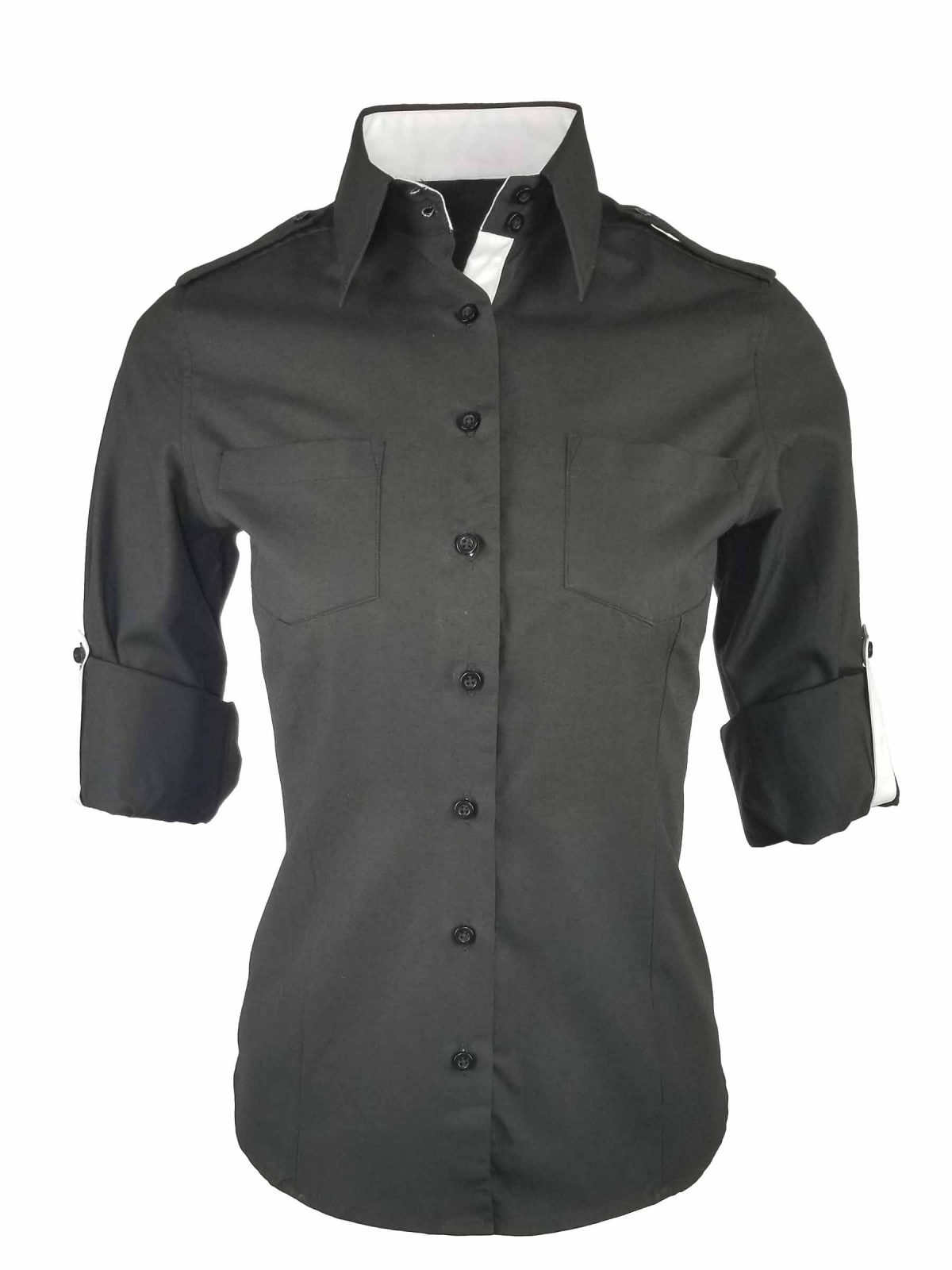 Women's Black and White Contrast Military Shirt Long Sleeve Uniform