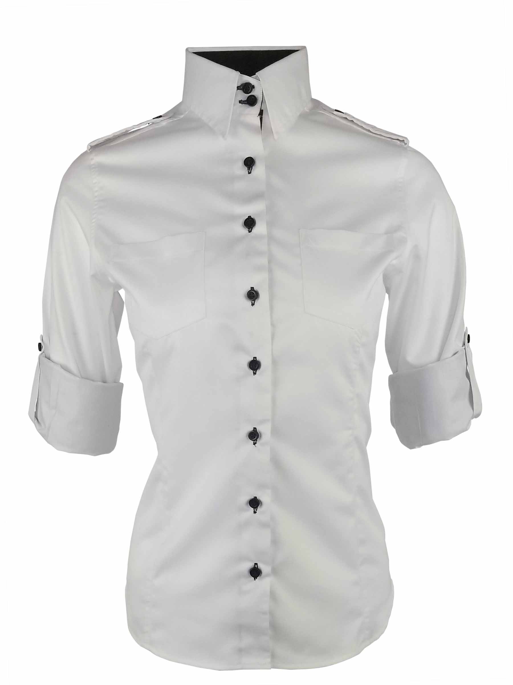 Women's White and Black Contrast Military Shirt - Long Sleeve - Uniform ...