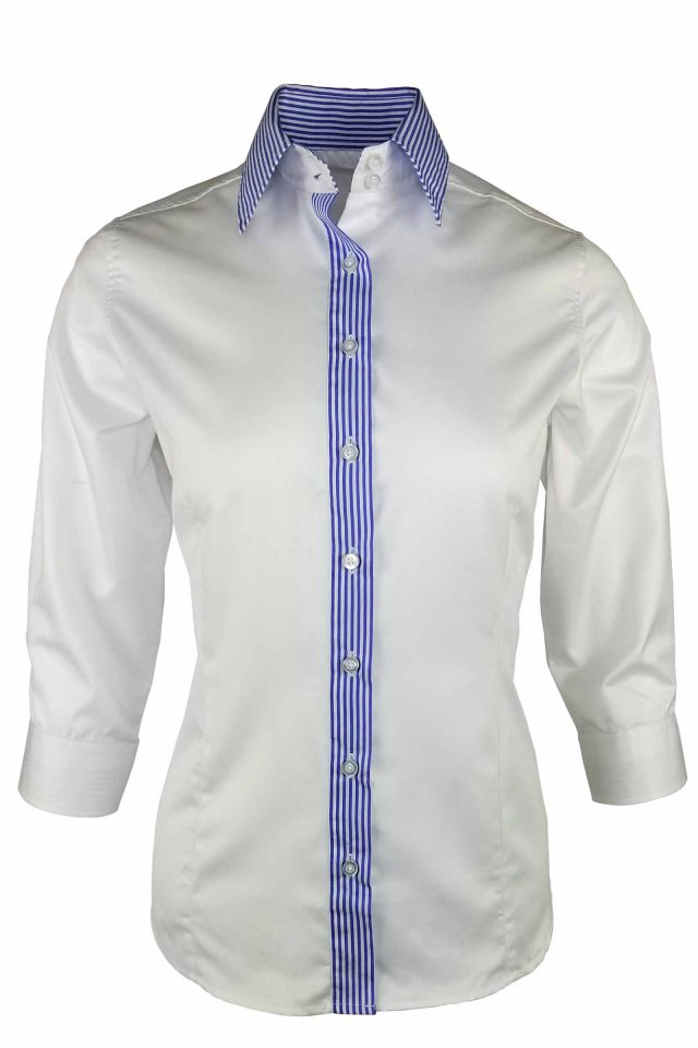 Women's White Dynamic Blue Stripe Contrast Shirt - Three Quarter Sleeve