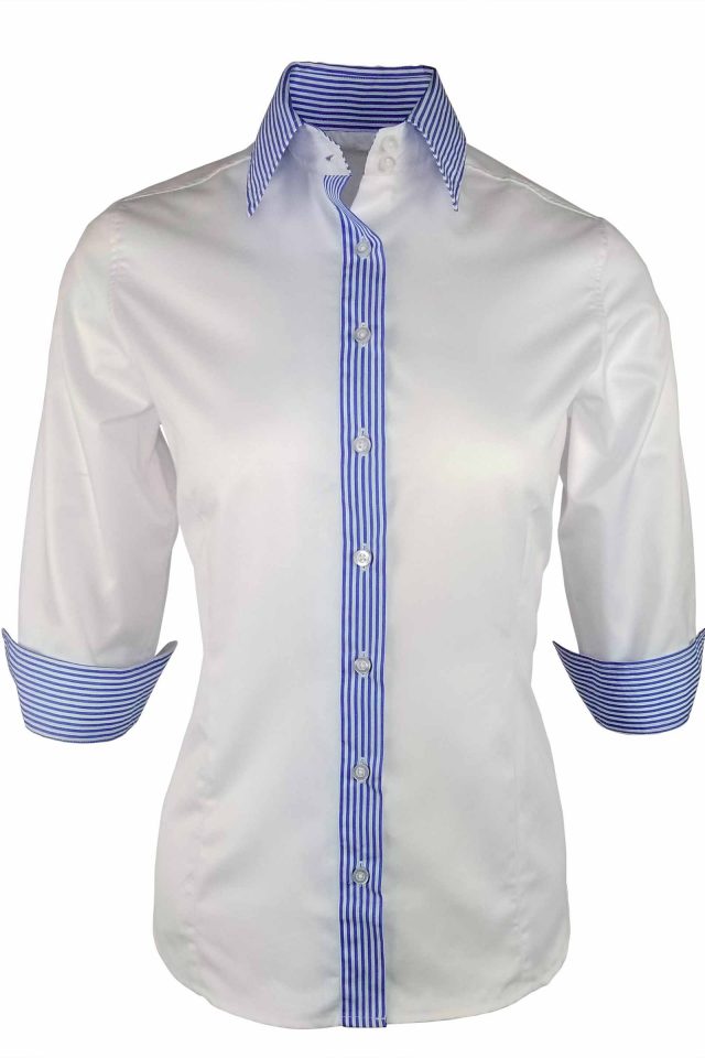 Women's White Dynamic Blue Stripe Contrast Shirt - Three Quarter Sleeve - Image 2