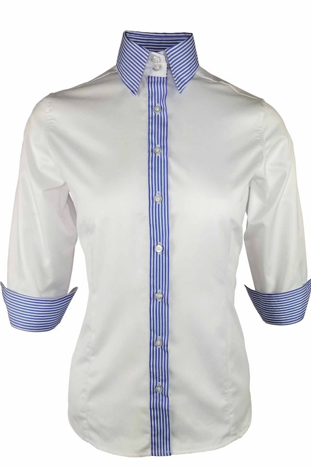 Women's White Dynamic Blue Stripe Contrast Shirt - Three Quarter Sleeve - Image 3