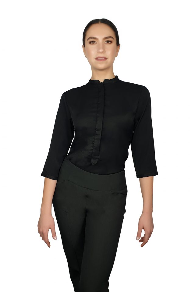 Francesca Mandarin Collar Blouse - Black Three Quarter Sleeve - Image 4