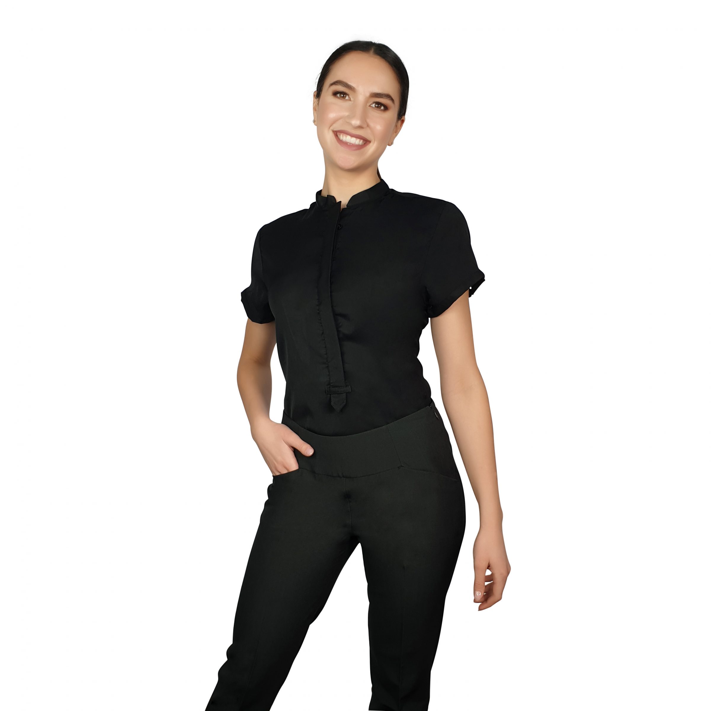 Francesca Mandarin Collar Blouse - Black Short Sleeve - Uniform Edit
