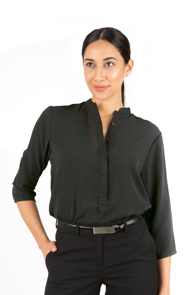 Francesca Mandarin Collar Blouse - Black Three Quarter Sleeve - Image 3