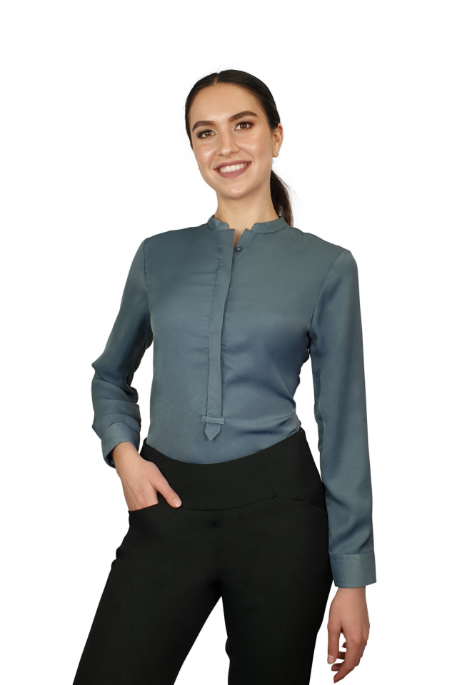 Francesca Mandarin Collar Blouse - Slate Blue Long Sleeve