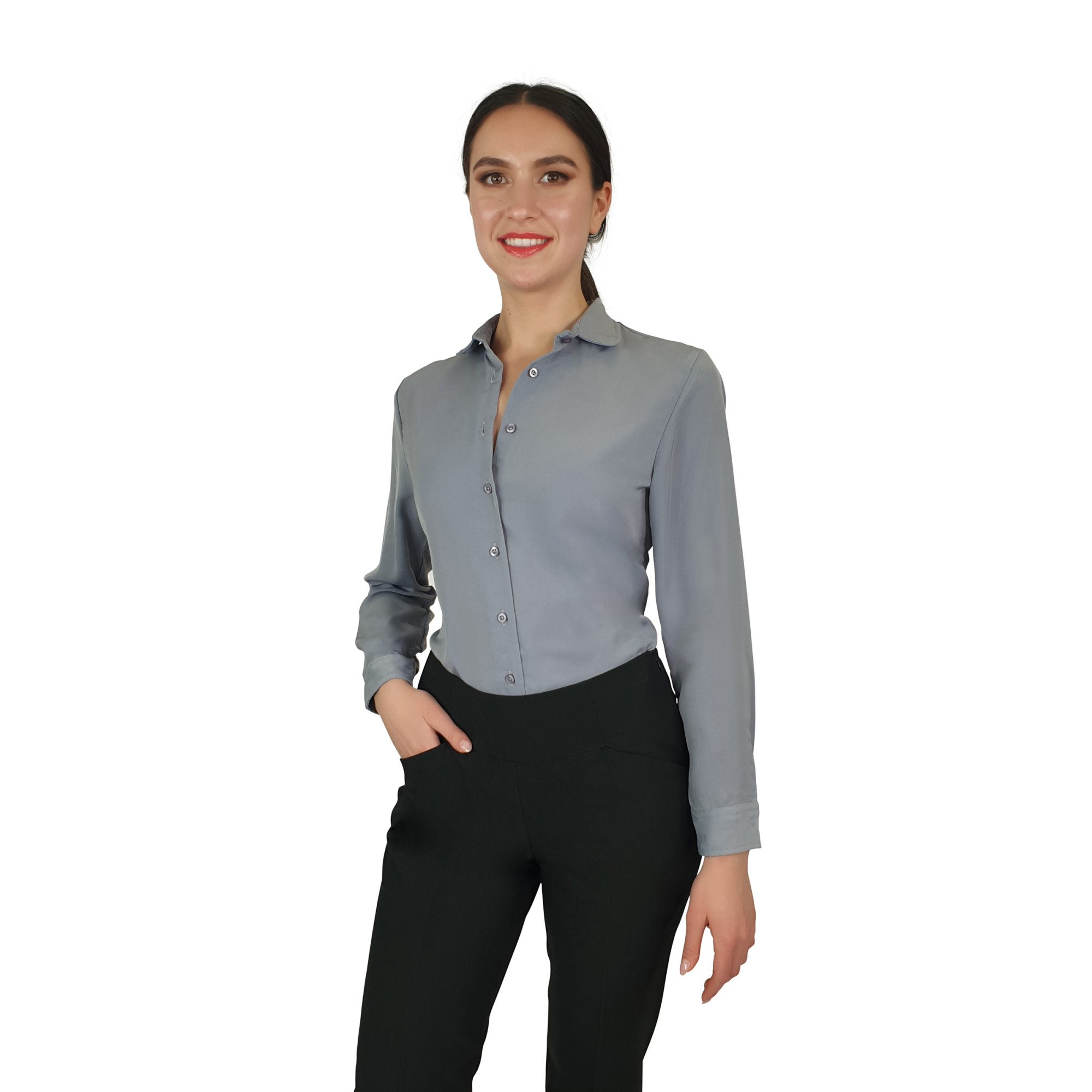 Francesca Collared Blouse - Silver Grey Long Sleeve - Uniform Edit