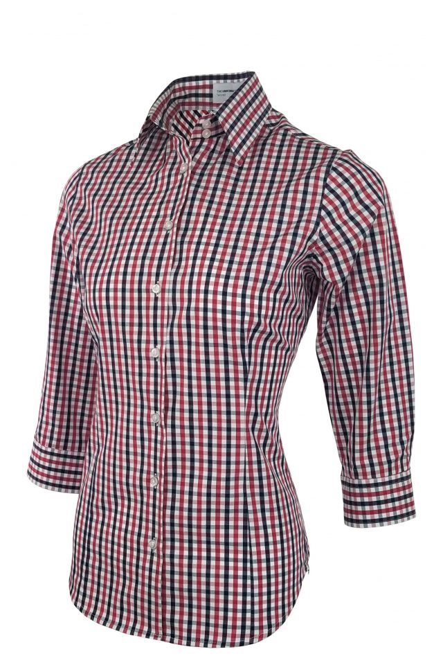 Women's Be Bold Shirt - Red Navy Check Three Quarter Sleeve - Uniform Edit