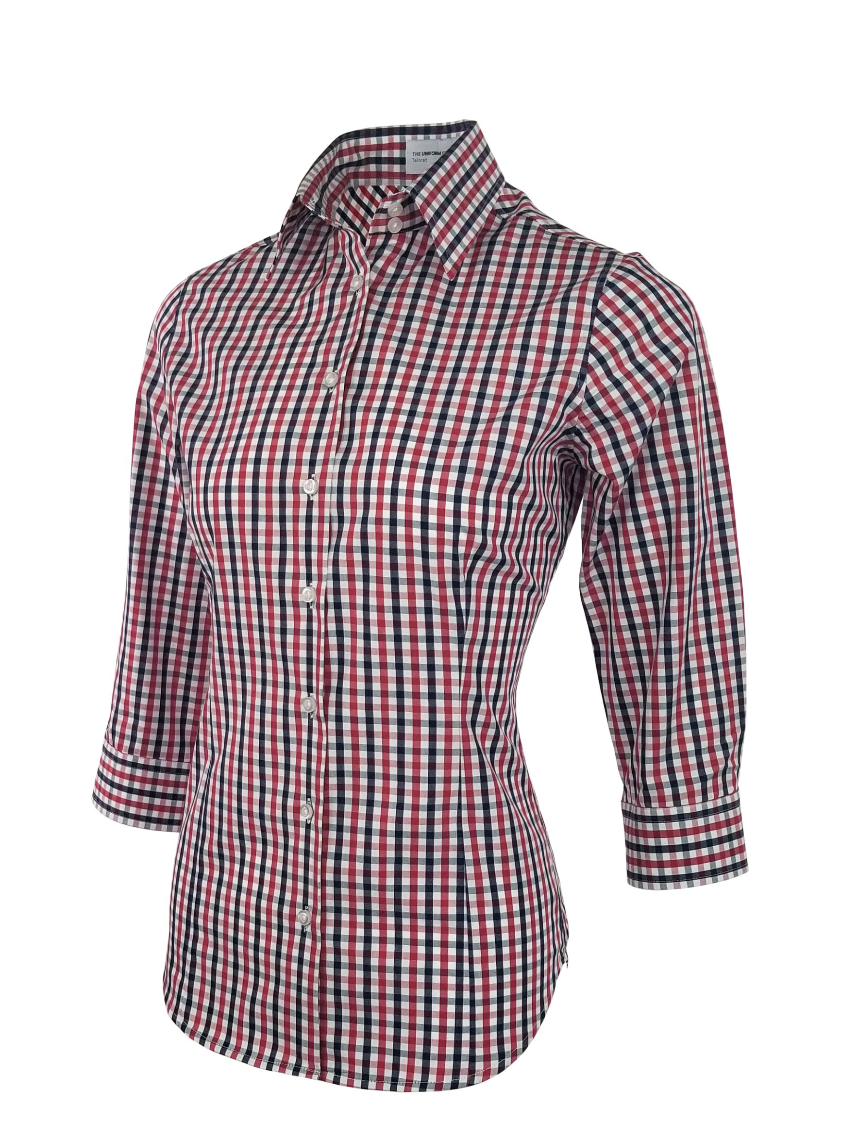 Women's Be Bold Shirt - Red Navy Check Three Quarter Sleeve - Uniform Edit