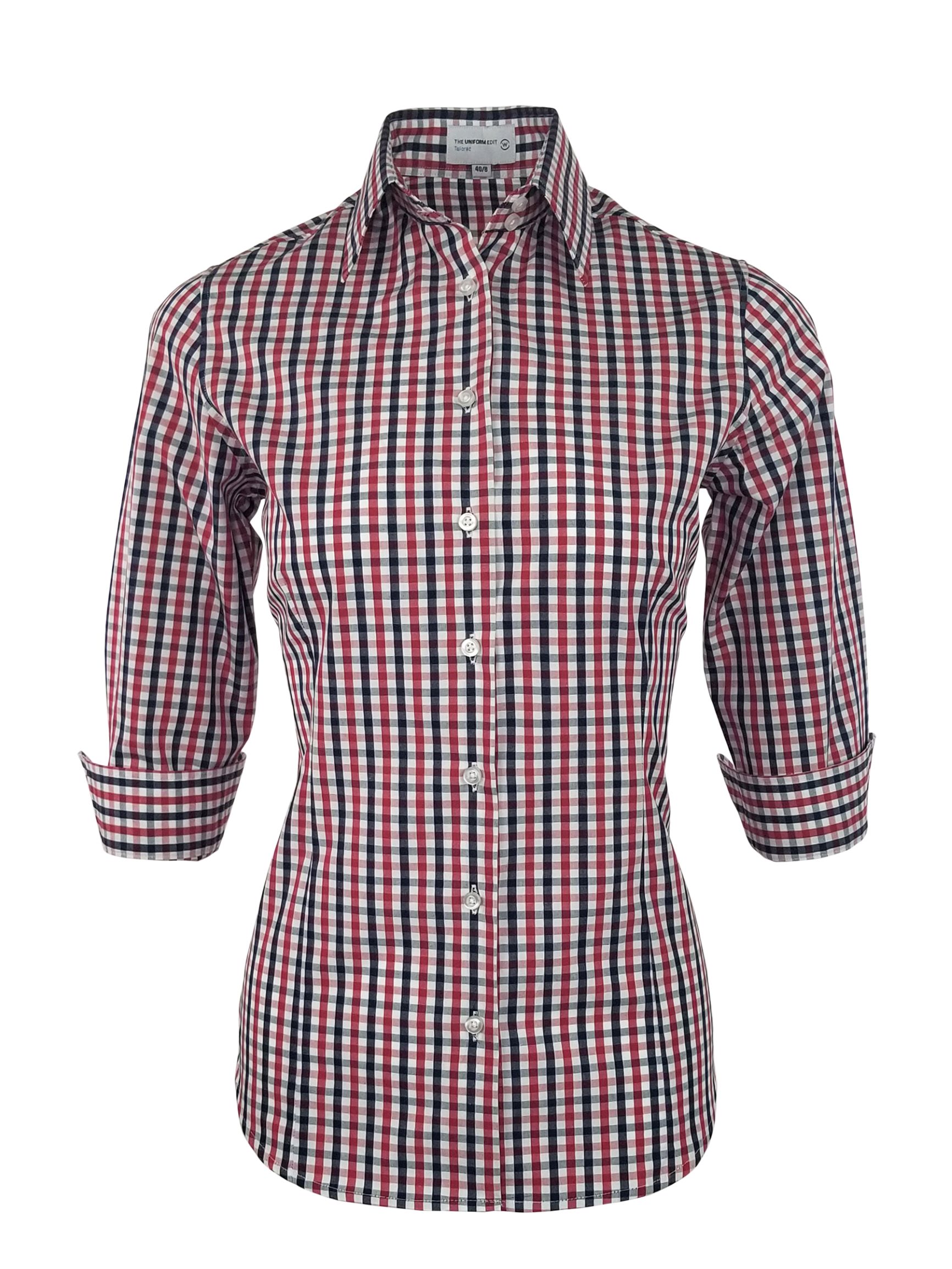 Women's Be Bold Shirt - Red Navy Check Three Quarter Sleeve - Uniform Edit