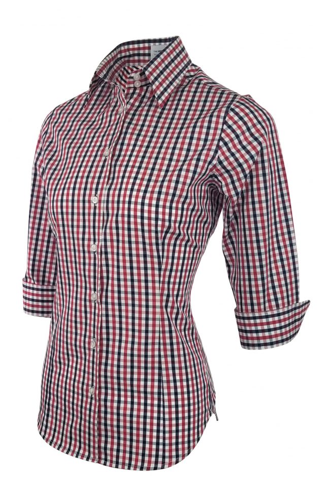 Women's Be Bold Shirt - Red Navy Check Three Quarter Sleeve - Uniform Edit