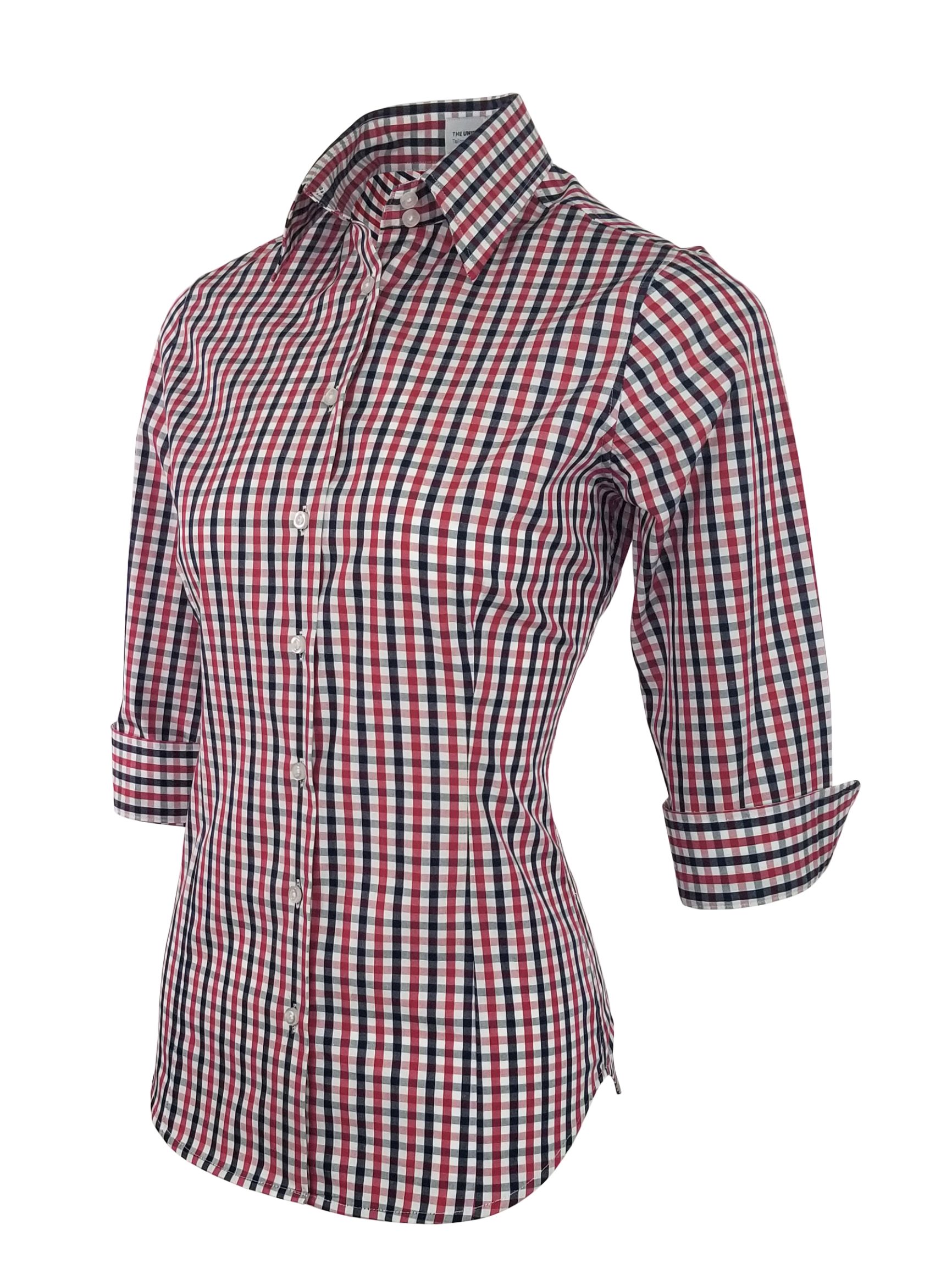 Women's Be Bold Shirt - Red Navy Check Three Quarter Sleeve - Uniform Edit