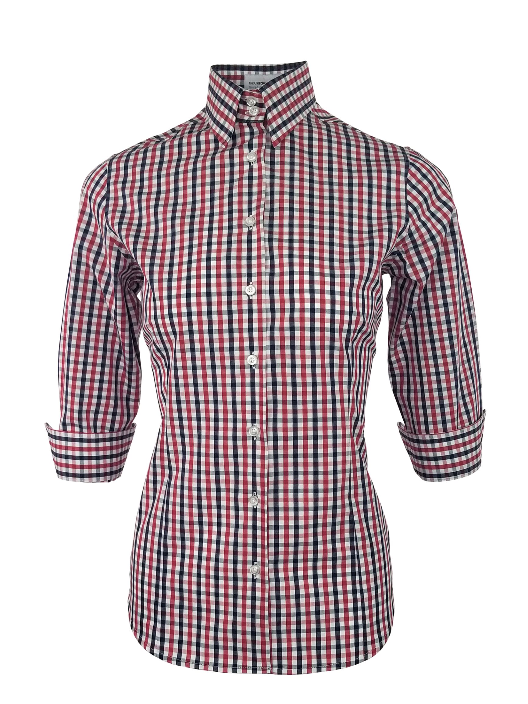 Women's Be Bold Shirt - Red Navy Check Three Quarter Sleeve - Uniform Edit