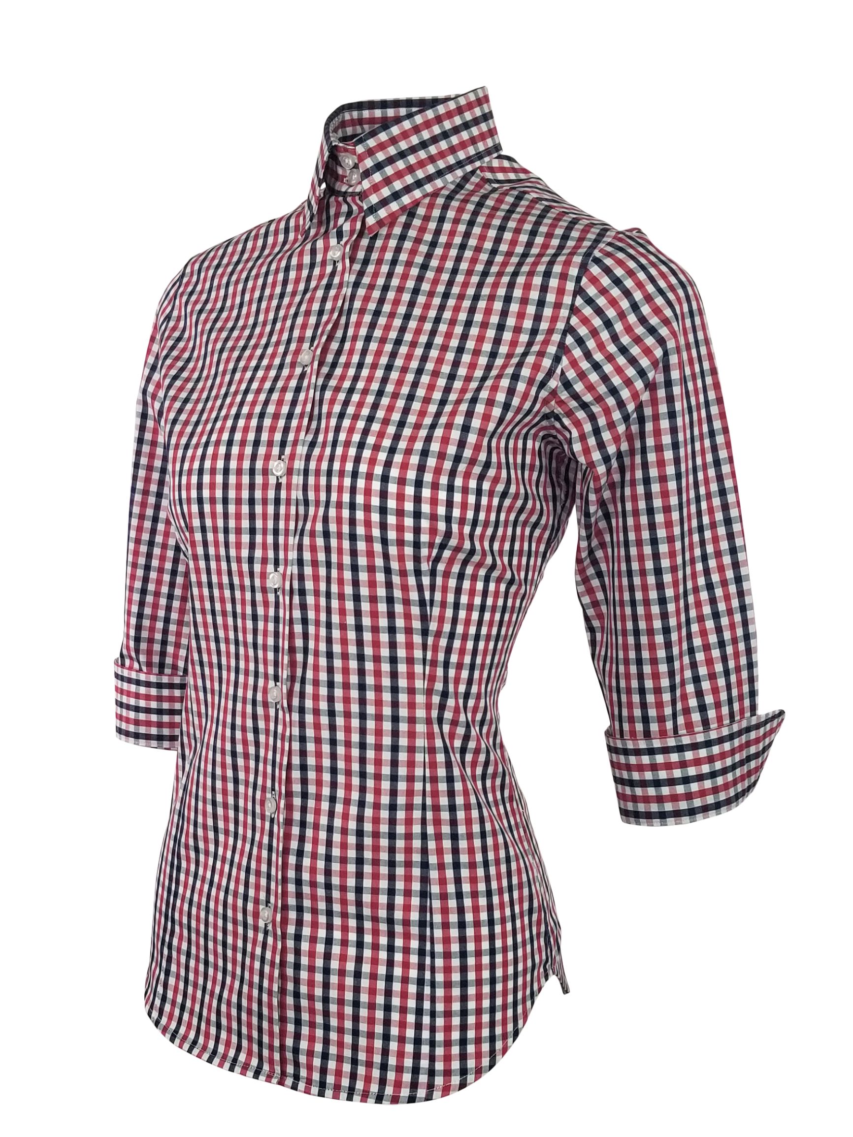 Women's Be Bold Shirt - Red Navy Check Three Quarter Sleeve - Uniform Edit