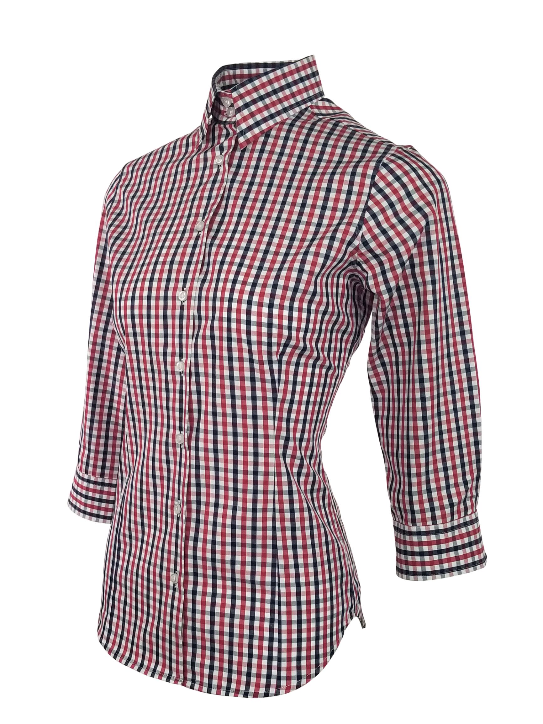 Women's Be Bold Shirt - Red Navy Check Three Quarter Sleeve | Uniform Edit