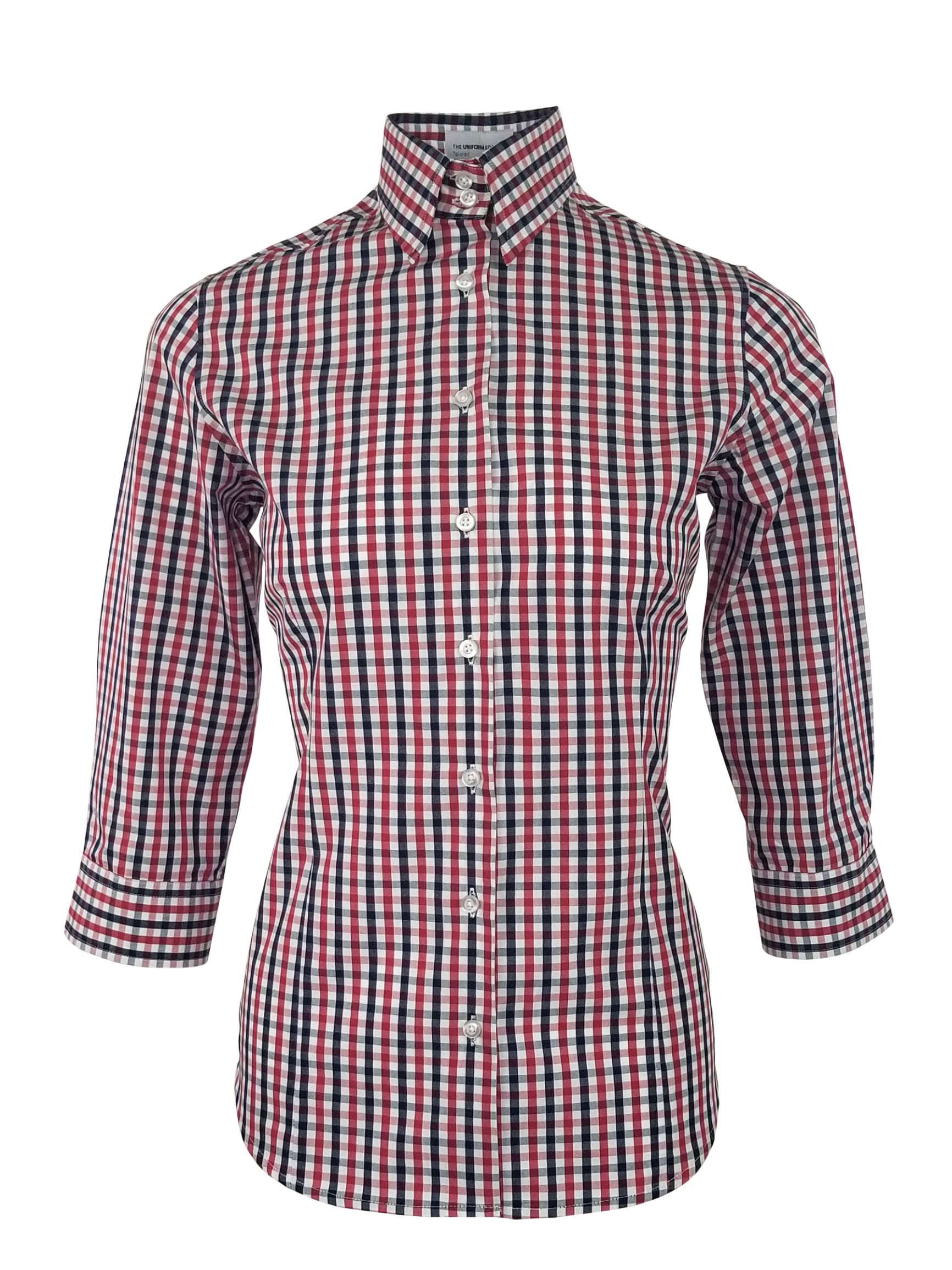 Women's Be Bold Shirt - Red Navy Check Three Quarter Sleeve - Uniform Edit