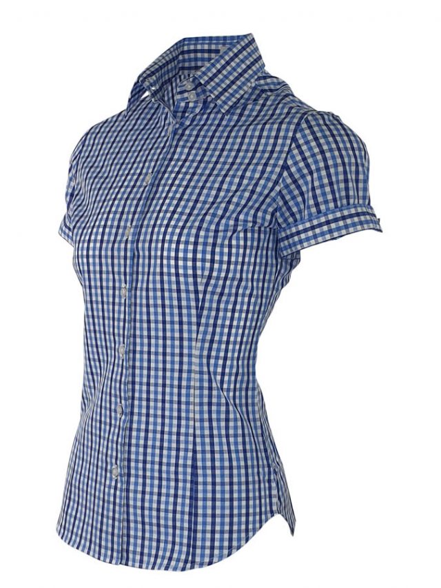Women's Be Bold Shirt Blue Navy Check Short Sleeve Uniform Edit