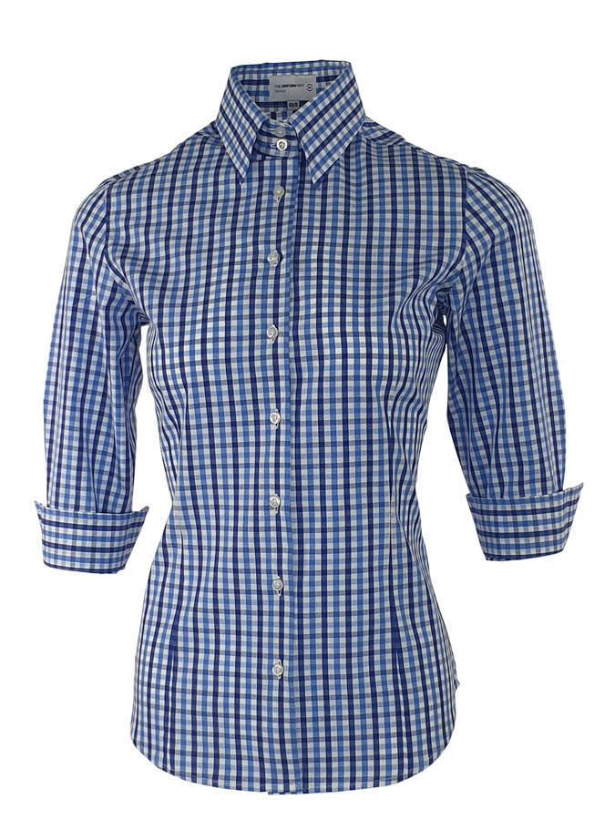 Women's Be Bold Shirt - Blue Navy Check Three Quarter Sleeve - Uniform Edit