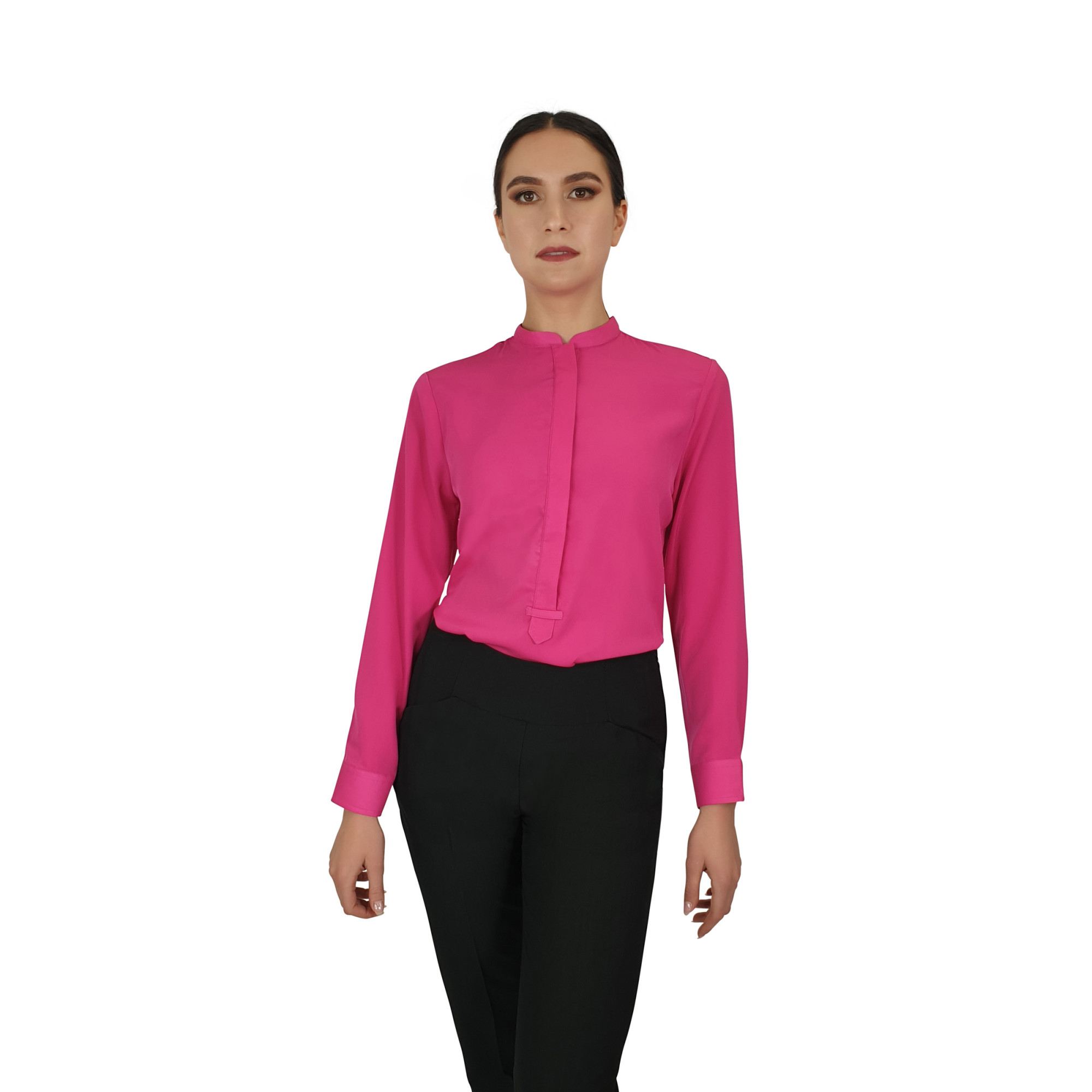 Francesca Mandarin Collar Blouse Hot Pink Long Sleeve Uniform Edit