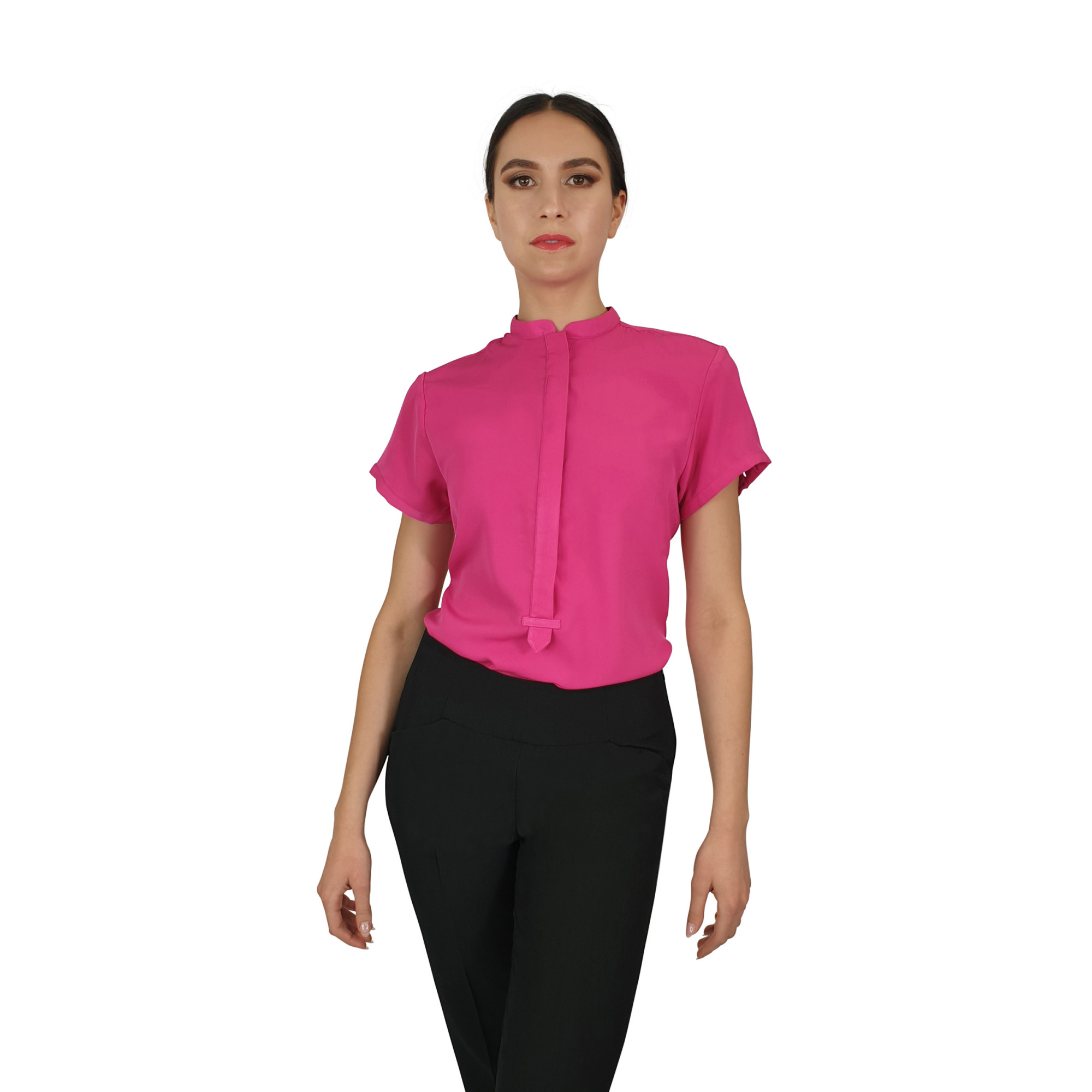 Francesca Mandarin Collar Blouse - Hot Pink Short Sleeve - Uniform Edit