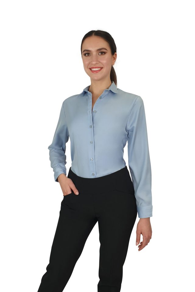 Francesca Collared Blouse - Ice Blue Long Sleeve