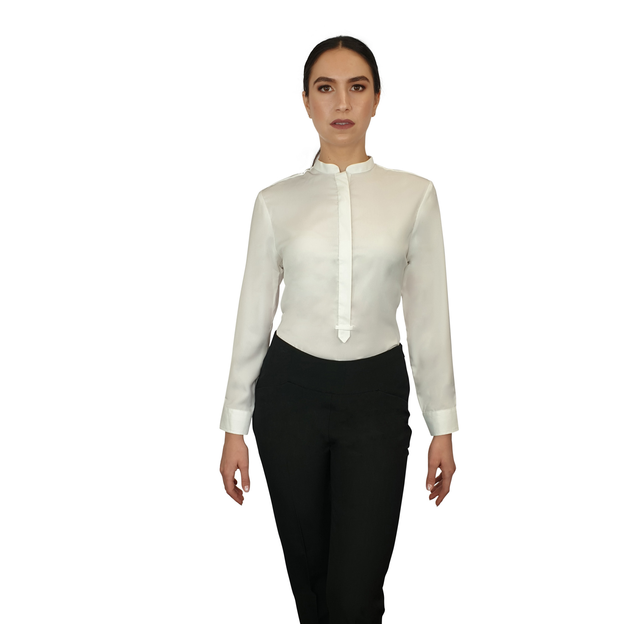 Francesca Mandarin Collar Blouse - White Long Sleeve - Uniform Edit