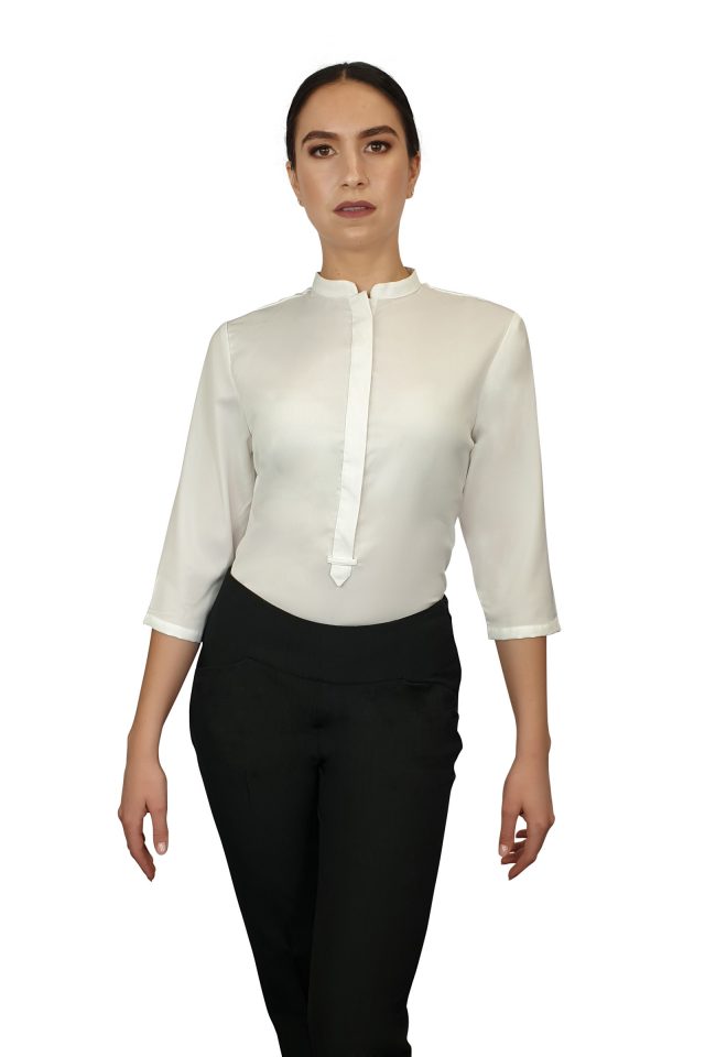 Francesca Mandarin Collar Blouse - White Three Quarter Sleeve - Uniform ...