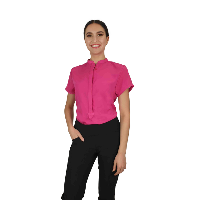 Francesca Mandarin Collar Blouse - Hot Pink Short Sleeve - Uniform Edit