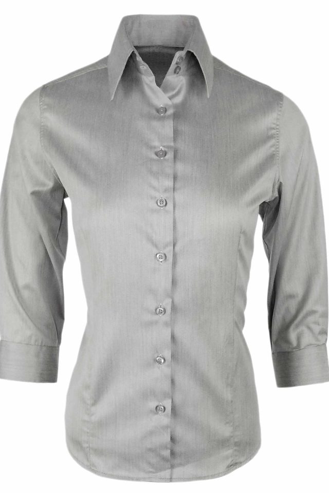 Women's Euro Shirt - Grey Fine Herringbone Three Quarter Sleeve