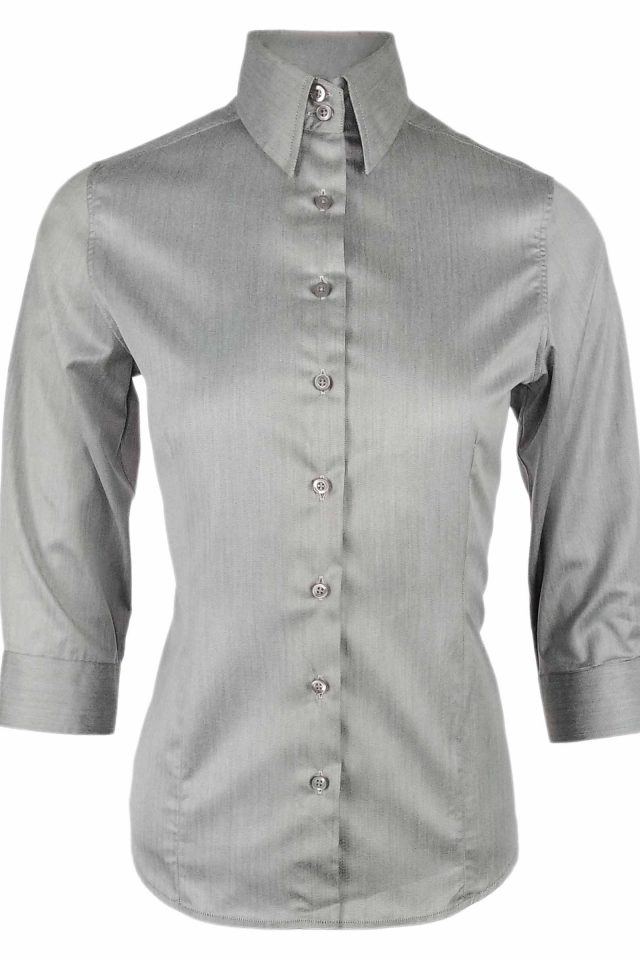 Women's Euro Shirt - Grey Fine Herringbone Three Quarter Sleeve - Image 2