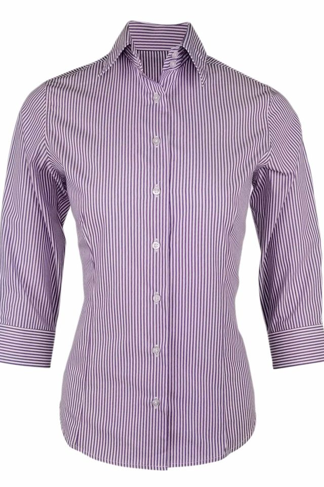 Women's Milan Shirt - Purple and White Stripe Three Quarter Sleeve