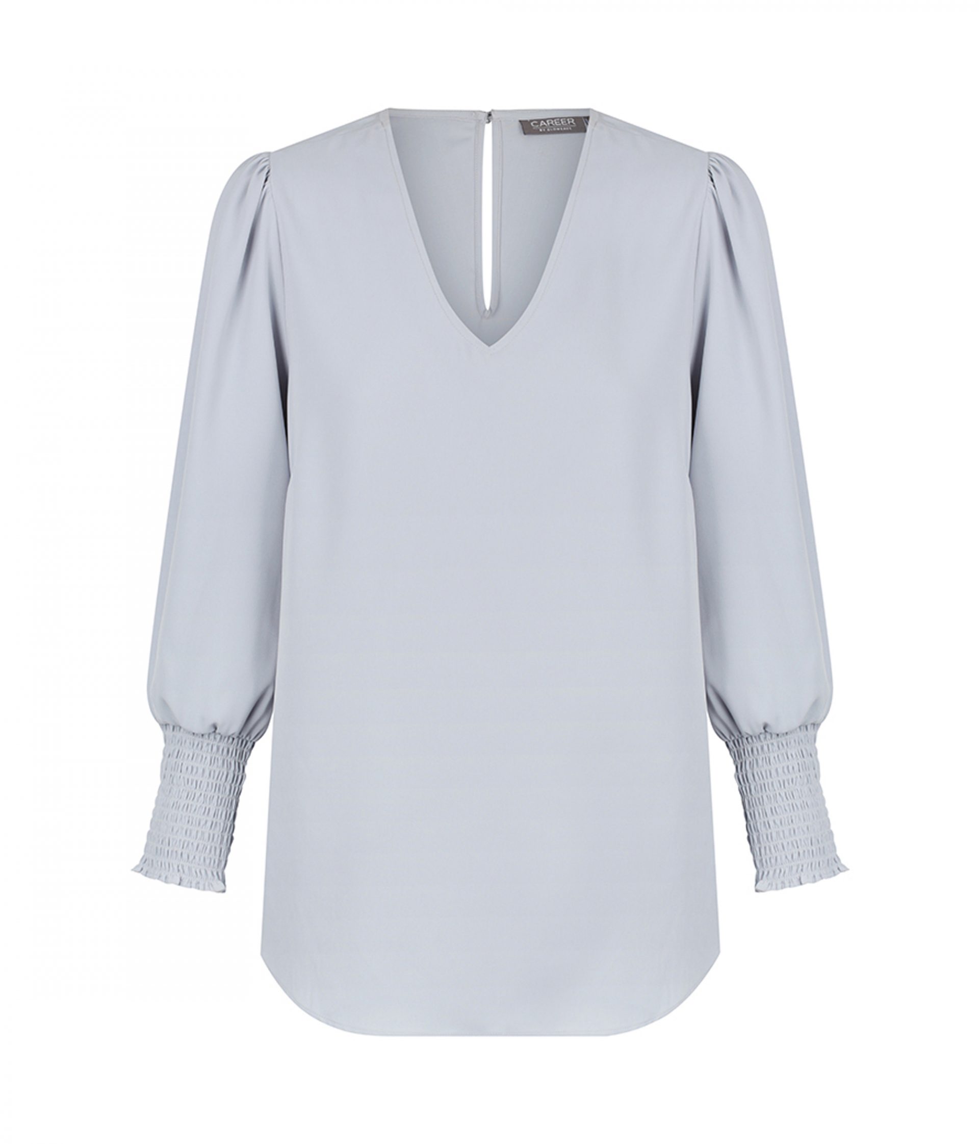 Solid Color Shirred Cuff Notch V Neck Blouse